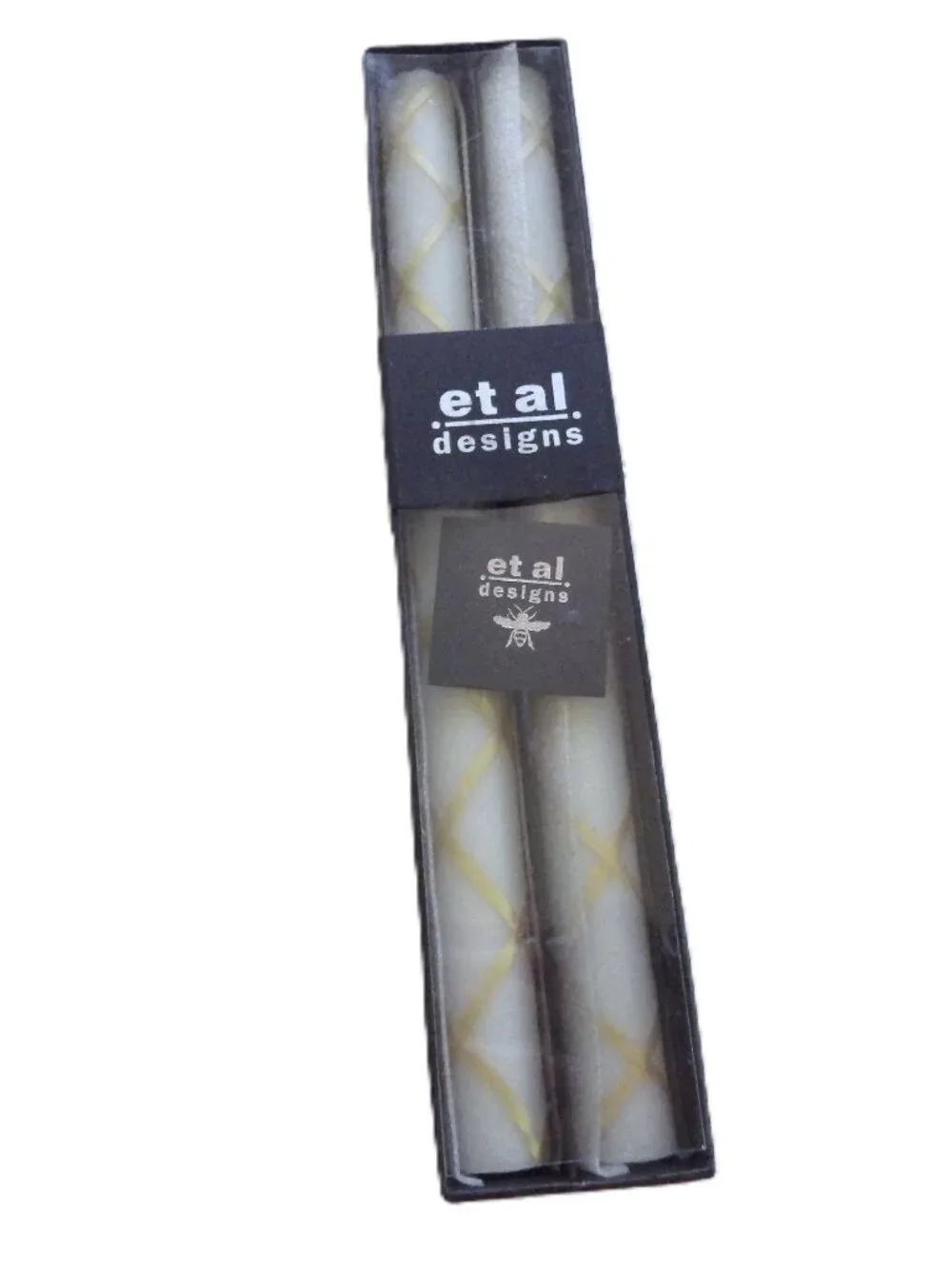 Et Al Designs Beeswax Taper Candles/ White & Gold/ New in Box